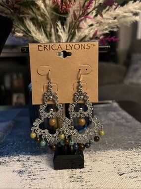 Erica Lyons Silver Filigree Chandelier Earrings with Multicolor Beads